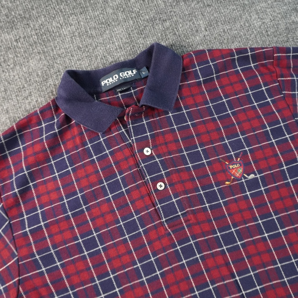 Polo Golf Ralph Lauren Polo Shirt Mens L Burgundy Navy Plaid Cotton Short Sleeve